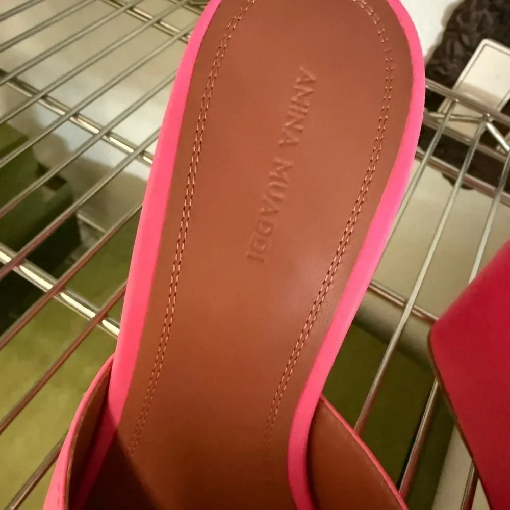 Women’s Amina Muaddi Lupita leather wedge mules Pink Wedge Sandals size 10